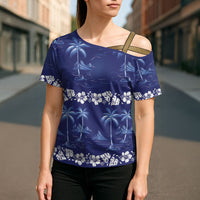Blue Hawaii Palm Tree Hibiscus Cross Shoulder Shirt Fantasy Summer Vibe