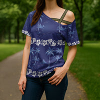 Blue Hawaii Palm Tree Hibiscus Cross Shoulder Shirt Fantasy Summer Vibe