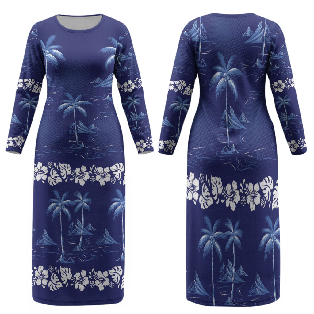 Blue Hawaii Palm Tree Hibiscus Family Matching Long Sleeve Bodycon Dress and Hawaiian Shirt Fantasy Summer Vibe LT01 Mom's Dress Blue - Polynesian Pride