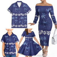 Blue Hawaii Palm Tree Hibiscus Family Matching Off The Shoulder Long Sleeve Dress and Hawaiian Shirt Fantasy Summer Vibe LT01 - Polynesian Pride