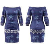 Blue Hawaii Palm Tree Hibiscus Family Matching Off The Shoulder Long Sleeve Dress and Hawaiian Shirt Fantasy Summer Vibe LT01 Mom's Dress Blue - Polynesian Pride