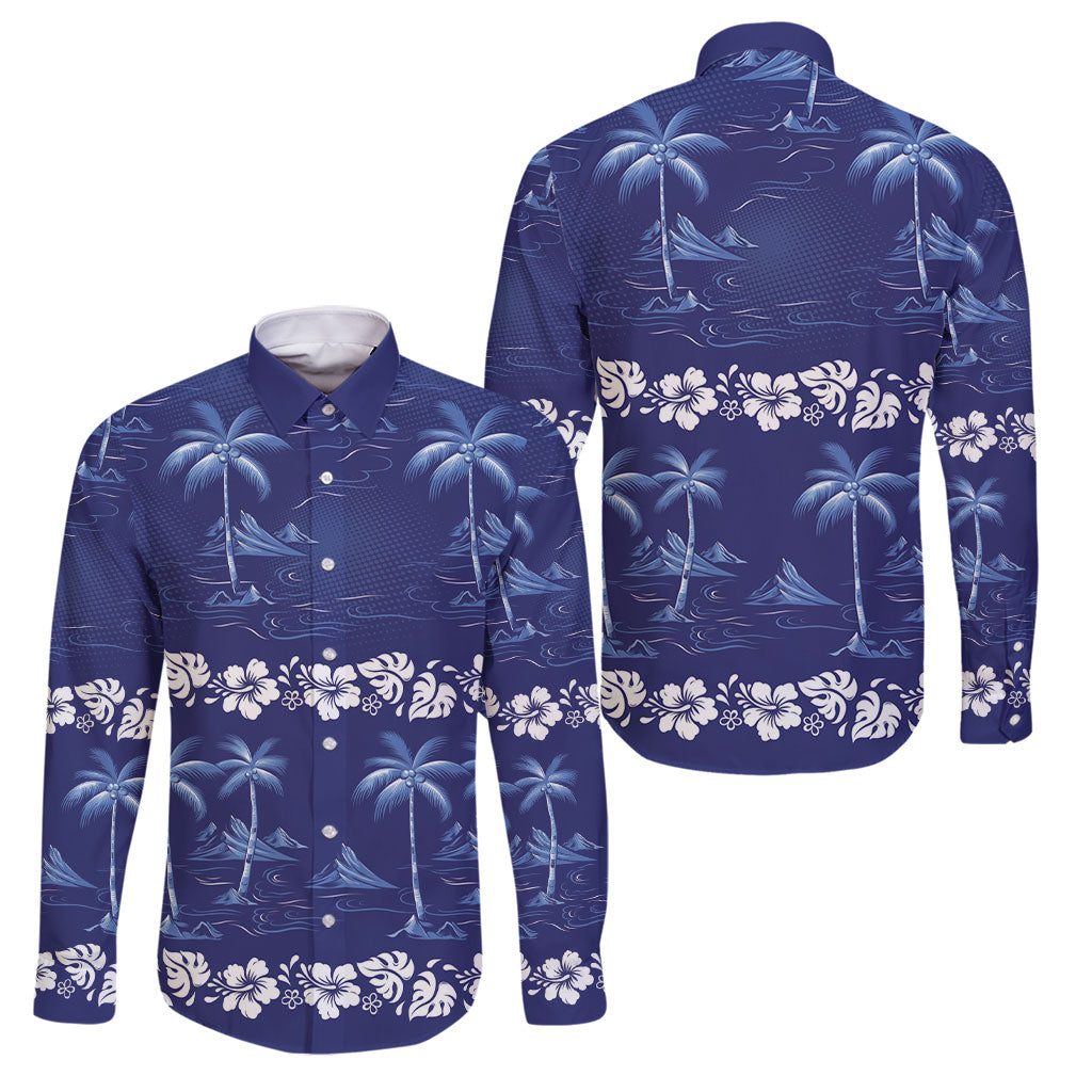 Blue Hawaii Palm Tree Hibiscus Family Matching Off The Shoulder Long Sleeve Dress and Hawaiian Shirt Fantasy Summer Vibe LT01 Dad's Shirt - Long Sleeve Blue - Polynesian Pride