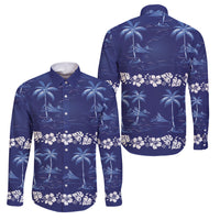 Blue Hawaii Palm Tree Hibiscus Family Matching Off The Shoulder Long Sleeve Dress and Hawaiian Shirt Fantasy Summer Vibe LT01 Dad's Shirt - Long Sleeve Blue - Polynesian Pride