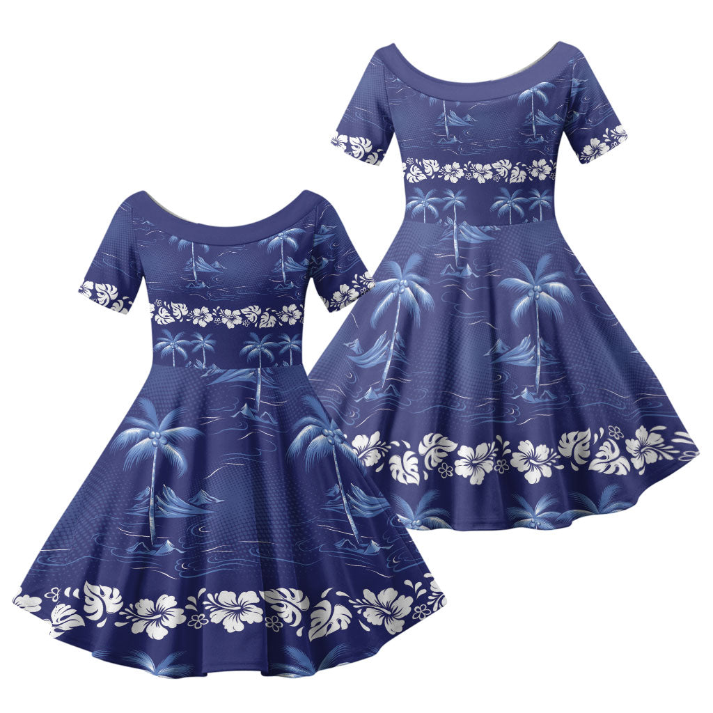 Blue Hawaii Palm Tree Hibiscus Family Matching Off The Shoulder Long Sleeve Dress and Hawaiian Shirt Fantasy Summer Vibe LT01 Daughter's Dress Blue - Polynesian Pride