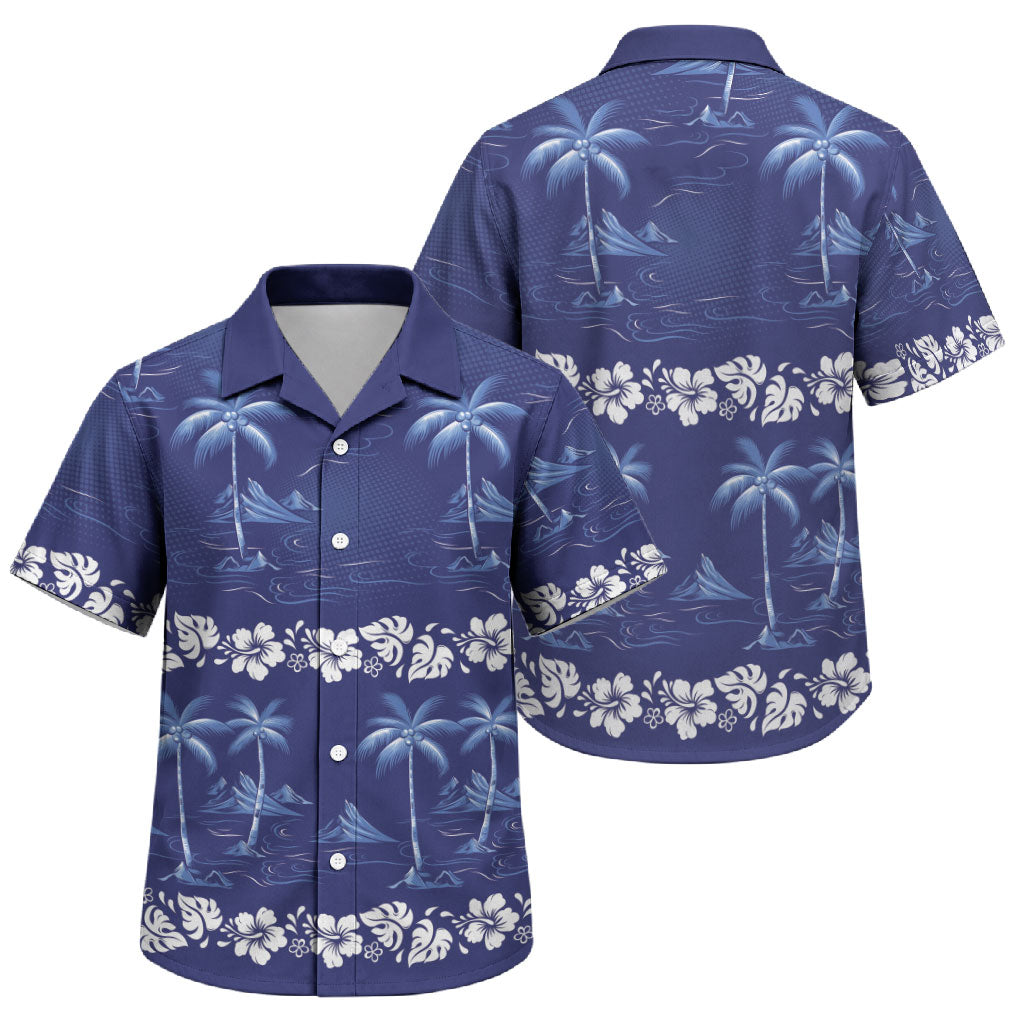 Blue Hawaii Palm Tree Hibiscus Family Matching Off The Shoulder Long Sleeve Dress and Hawaiian Shirt Fantasy Summer Vibe LT01 Son's Shirt Blue - Polynesian Pride
