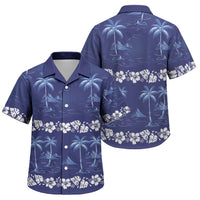Blue Hawaii Palm Tree Hibiscus Family Matching Off The Shoulder Long Sleeve Dress and Hawaiian Shirt Fantasy Summer Vibe LT01 Son's Shirt Blue - Polynesian Pride