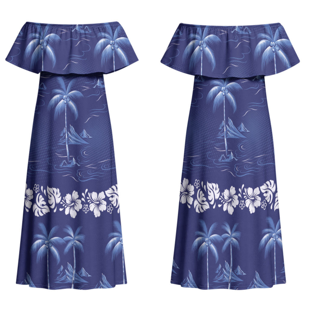 Blue Hawaii Palm Tree Hibiscus Family Matching Off Shoulder Maxi Dress and Hawaiian Shirt Fantasy Summer Vibe LT01 Mom's Dress Blue - Polynesian Pride