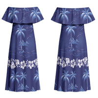 Blue Hawaii Palm Tree Hibiscus Family Matching Off Shoulder Maxi Dress and Hawaiian Shirt Fantasy Summer Vibe LT01 Mom's Dress Blue - Polynesian Pride
