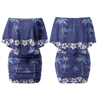 Blue Hawaii Palm Tree Hibiscus Family Matching Off Shoulder Short Dress and Hawaiian Shirt Fantasy Summer Vibe