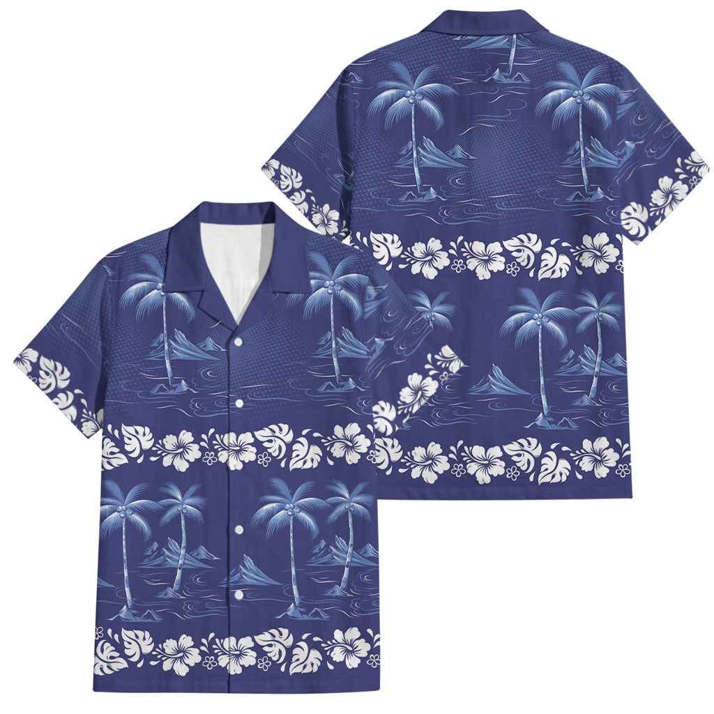 Blue Hawaii Palm Tree Hibiscus Family Matching Off Shoulder Short Dress and Hawaiian Shirt Fantasy Summer Vibe
