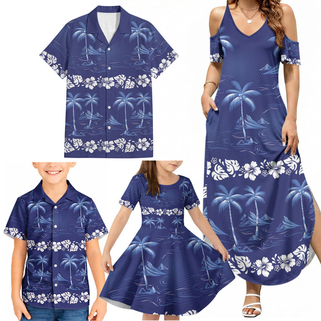 Blue Hawaii Palm Tree Hibiscus Family Matching Summer Maxi Dress and Hawaiian Shirt Fantasy Summer Vibe LT01 - Polynesian Pride