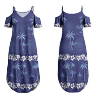 Blue Hawaii Palm Tree Hibiscus Family Matching Summer Maxi Dress and Hawaiian Shirt Fantasy Summer Vibe LT01 Mom's Dress Blue - Polynesian Pride
