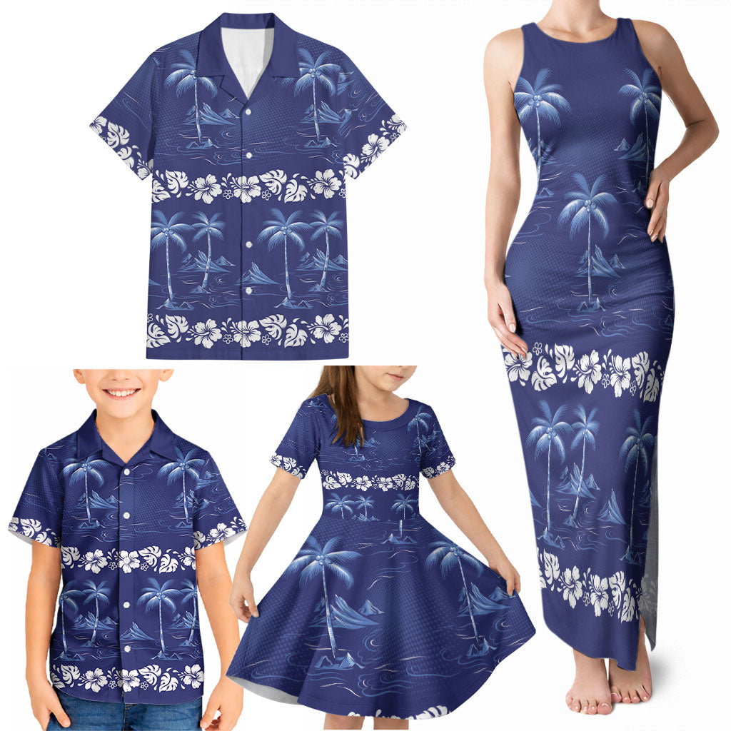 Blue Hawaii Palm Tree Hibiscus Family Matching Tank Maxi Dress and Hawaiian Shirt Fantasy Summer Vibe LT01 - Polynesian Pride