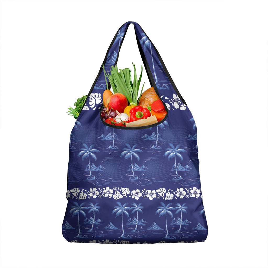 Blue Hawaii Palm Tree Hibiscus Grocery Bag Fantasy Summer Vibe LT01 1-pack One Size Blue - Polynesian Pride