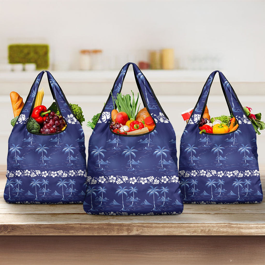Blue Hawaii Palm Tree Hibiscus Grocery Bag Fantasy Summer Vibe LT01 3-pack One Size Blue - Polynesian Pride
