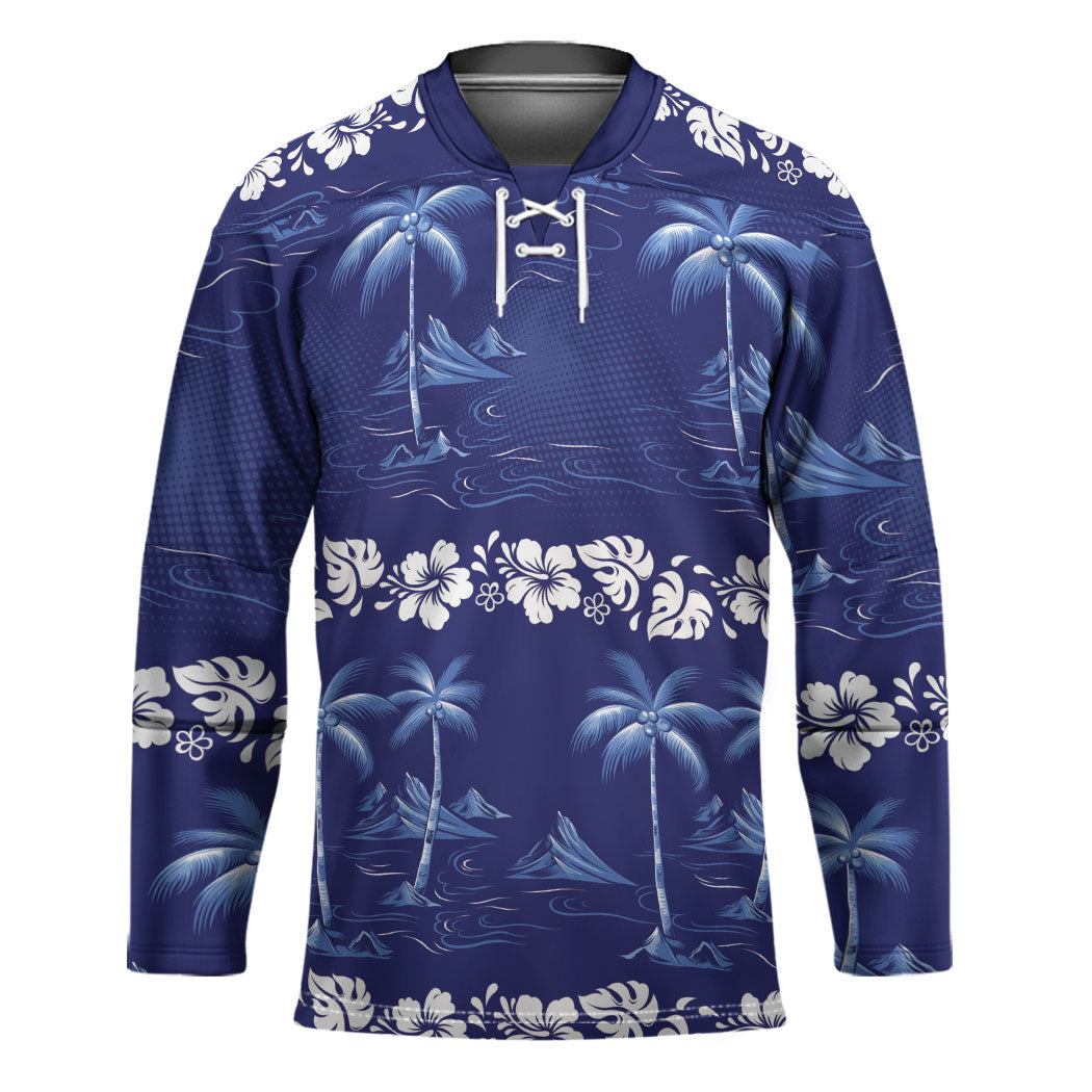 Blue Hawaii Palm Tree Hibiscus Hockey Jersey Fantasy Summer Vibe