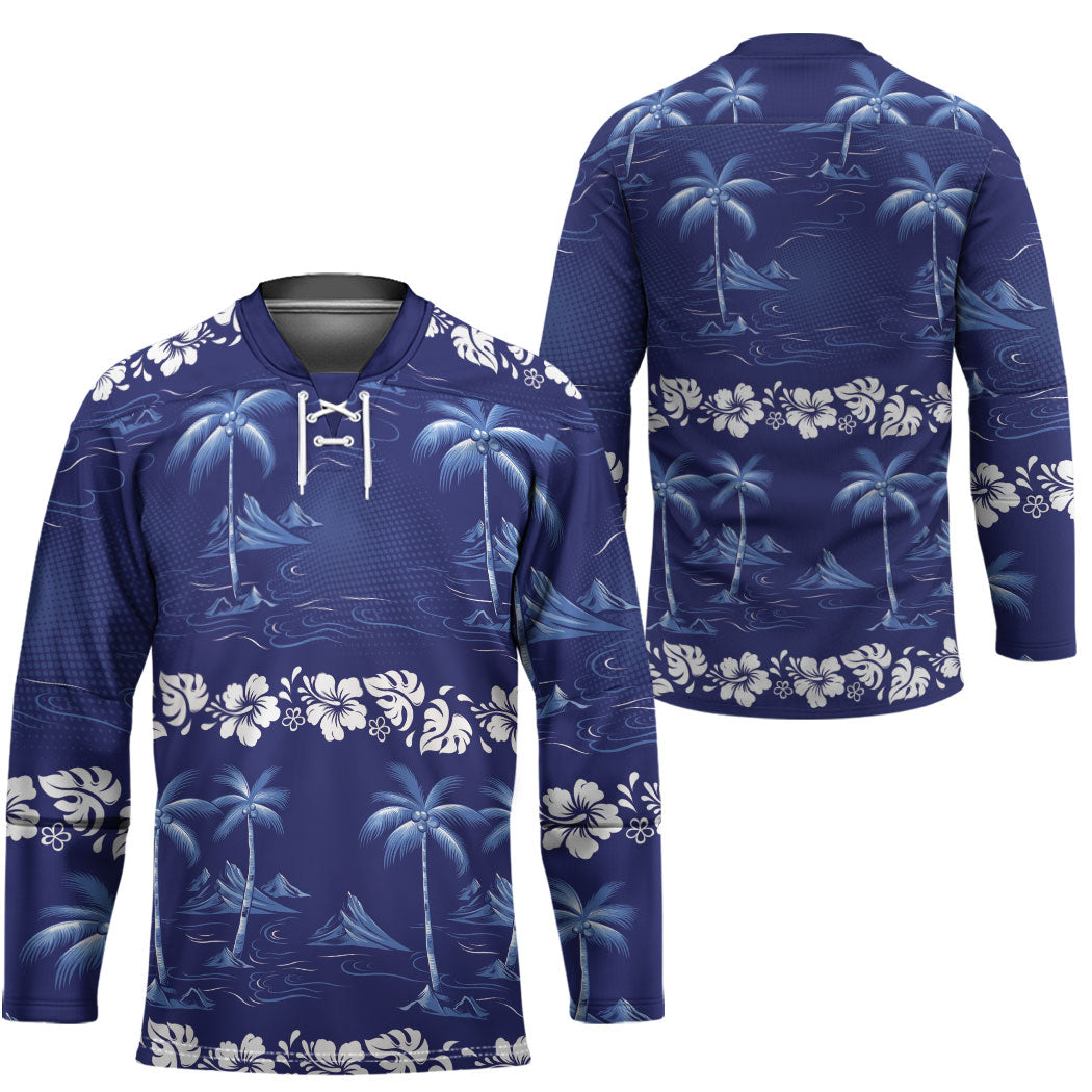 Blue Hawaii Palm Tree Hibiscus Hockey Jersey Fantasy Summer Vibe