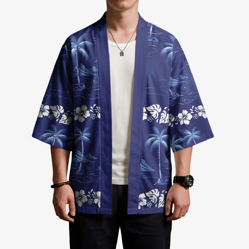Blue Hawaii Palm Tree Hibiscus Kimono Fantasy Summer Vibe