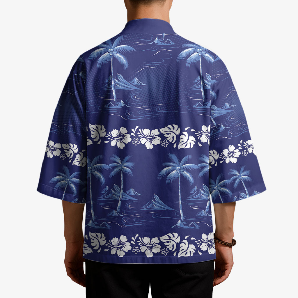 Blue Hawaii Palm Tree Hibiscus Kimono Fantasy Summer Vibe