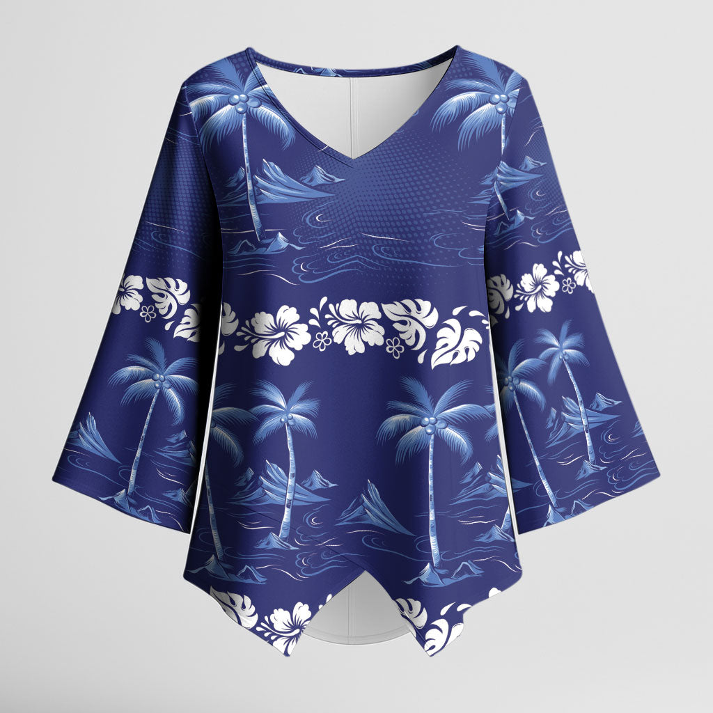 Blue Hawaii Palm Tree Hibiscus Kimono Sleeve Blouse Fantasy Summer Vibe
