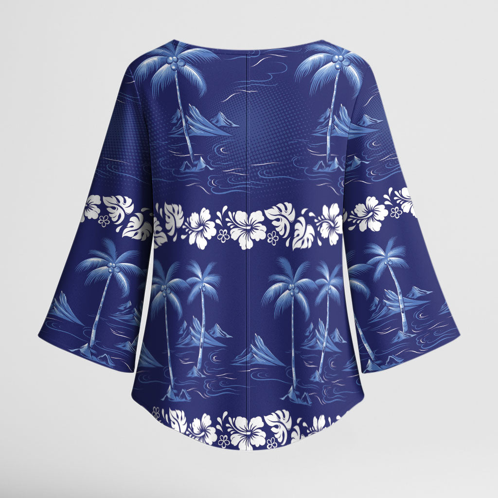 Blue Hawaii Palm Tree Hibiscus Kimono Sleeve Blouse Fantasy Summer Vibe