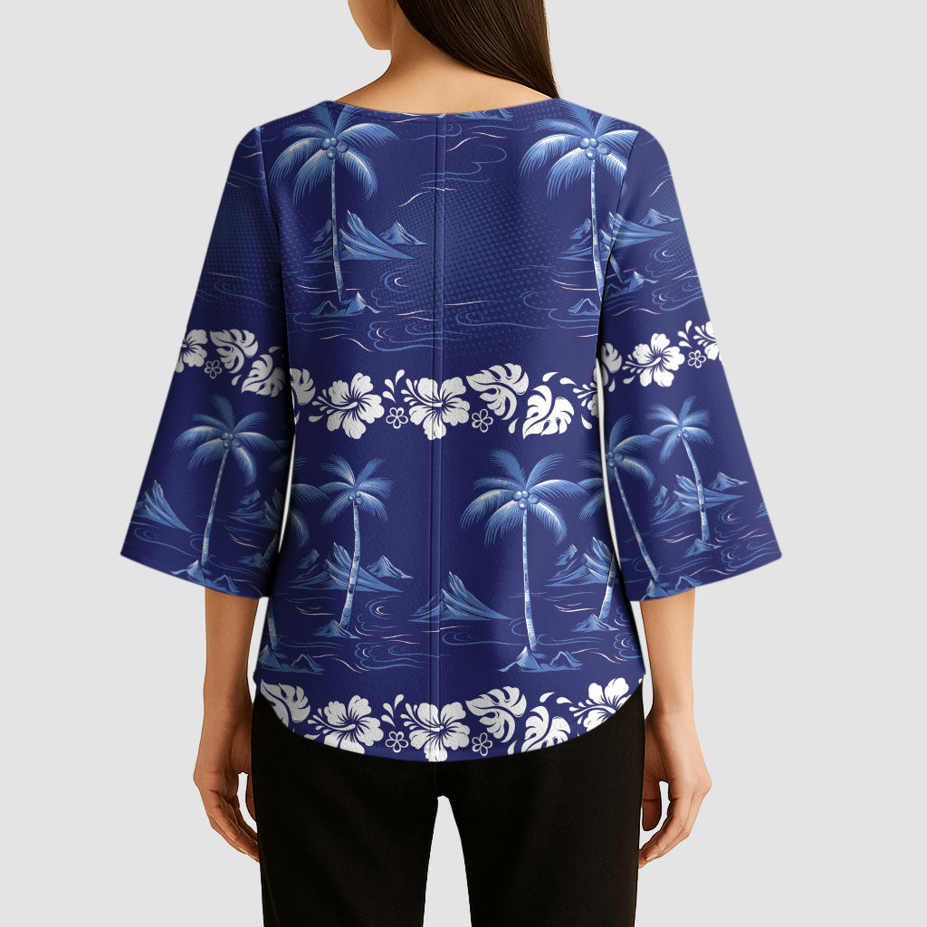 Blue Hawaii Palm Tree Hibiscus Kimono Sleeve Blouse Fantasy Summer Vibe