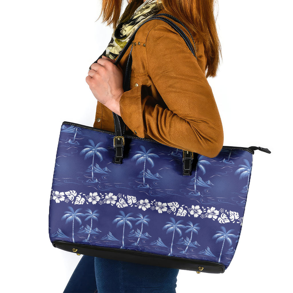 Blue Hawaii Palm Tree Hibiscus Leather Tote Bag Fantasy Summer Vibe