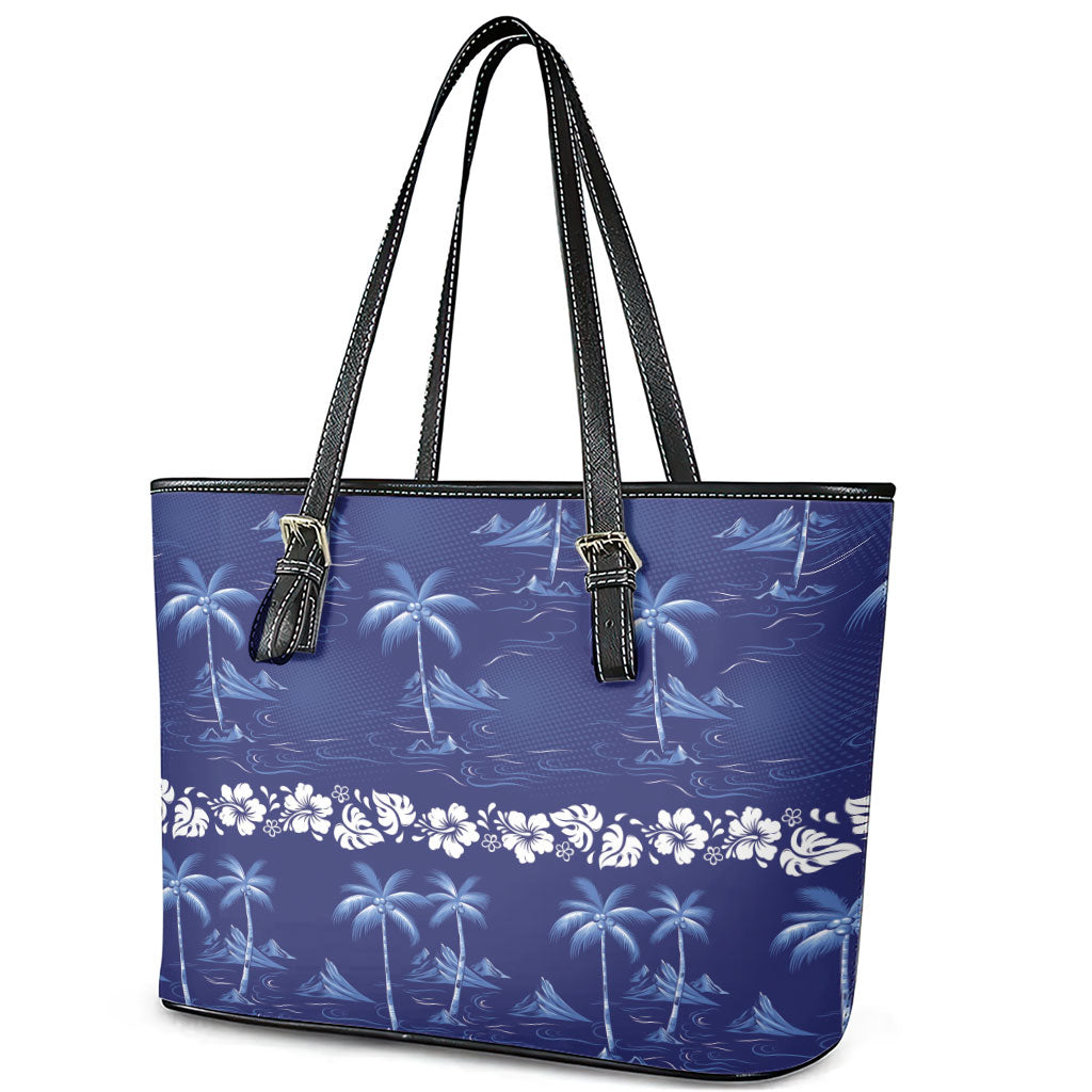 Blue Hawaii Palm Tree Hibiscus Leather Tote Bag Fantasy Summer Vibe LT01 - Polynesian Pride
