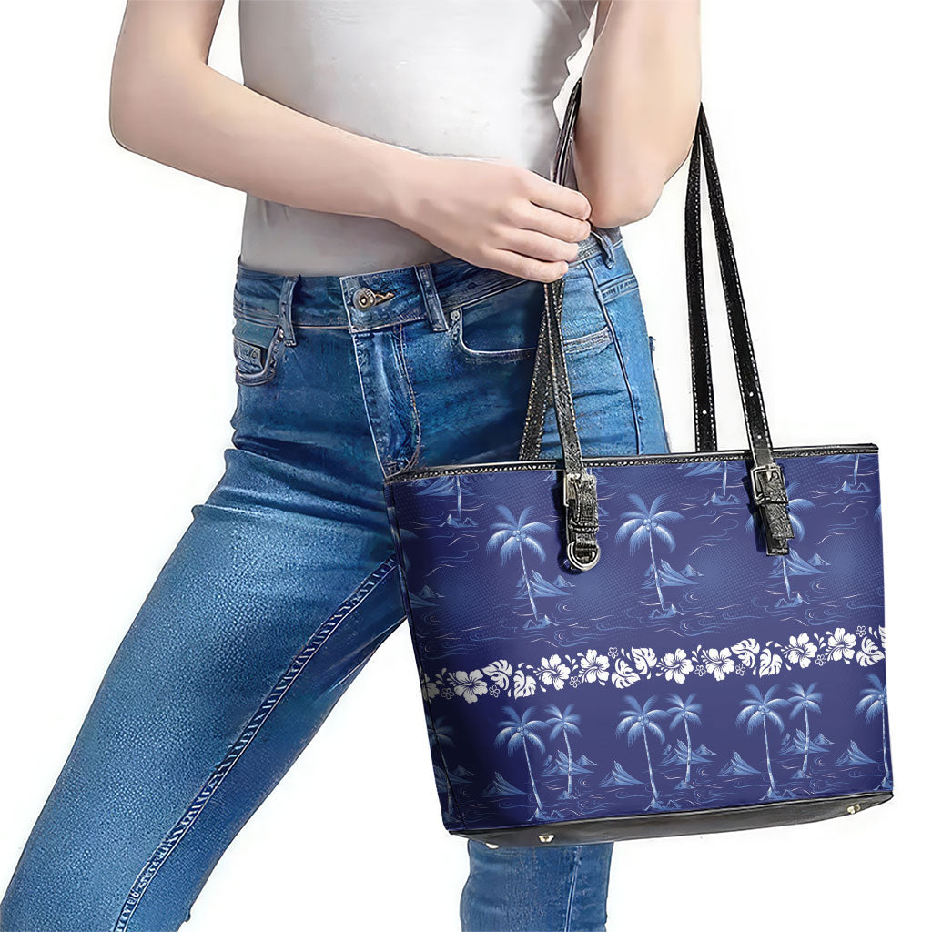 Blue Hawaii Palm Tree Hibiscus Leather Tote Bag Fantasy Summer Vibe LT01 - Polynesian Pride
