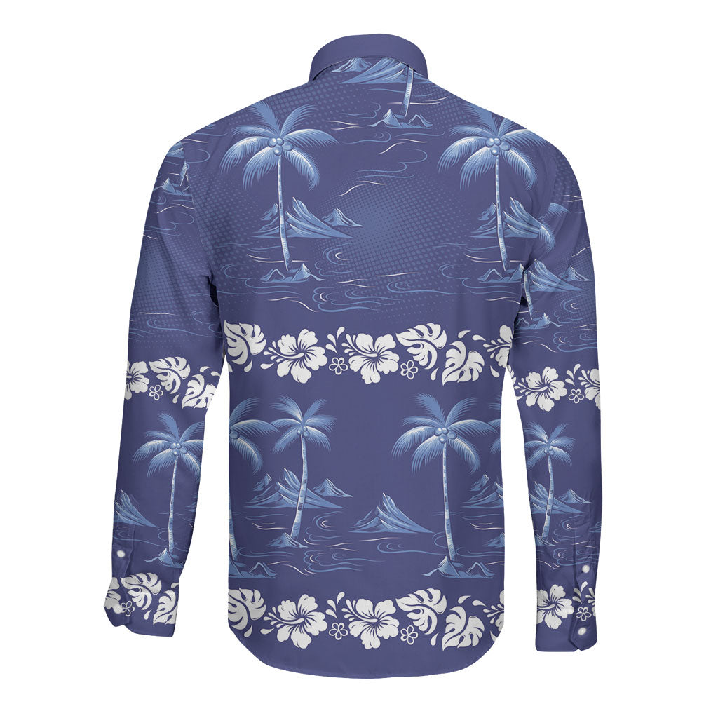 Blue Hawaii Palm Tree Hibiscus Long Sleeve Button Shirt Fantasy Summer Vibe
