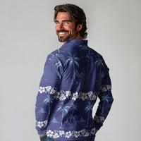 Blue Hawaii Palm Tree Hibiscus Long Sleeve Polo Shirt Fantasy Summer Vibe LT01 - Polynesian Pride