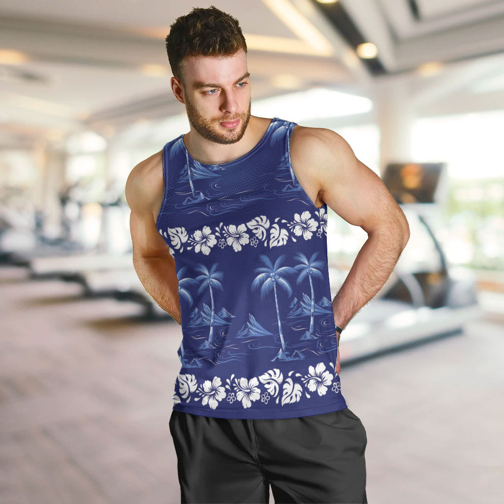 Blue Hawaii Palm Tree Hibiscus Men Tank Top Fantasy Summer Vibe LT01 Blue - Polynesian Pride
