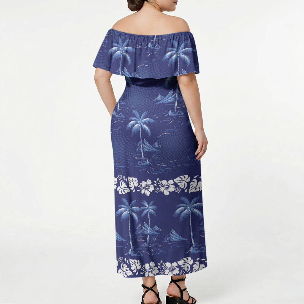 Blue Hawaii Palm Tree Hibiscus Off Shoulder Maxi Dress Fantasy Summer Vibe