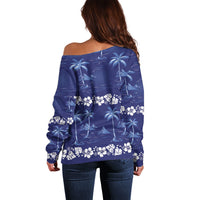 Blue Hawaii Palm Tree Hibiscus Off Shoulder Sweater Fantasy Summer Vibe LT01 - Polynesian Pride