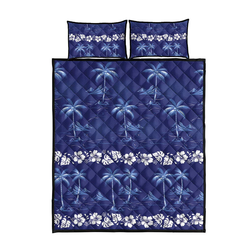 Blue Hawaii Palm Tree Hibiscus Quilt Bed Set Fantasy Summer Vibe