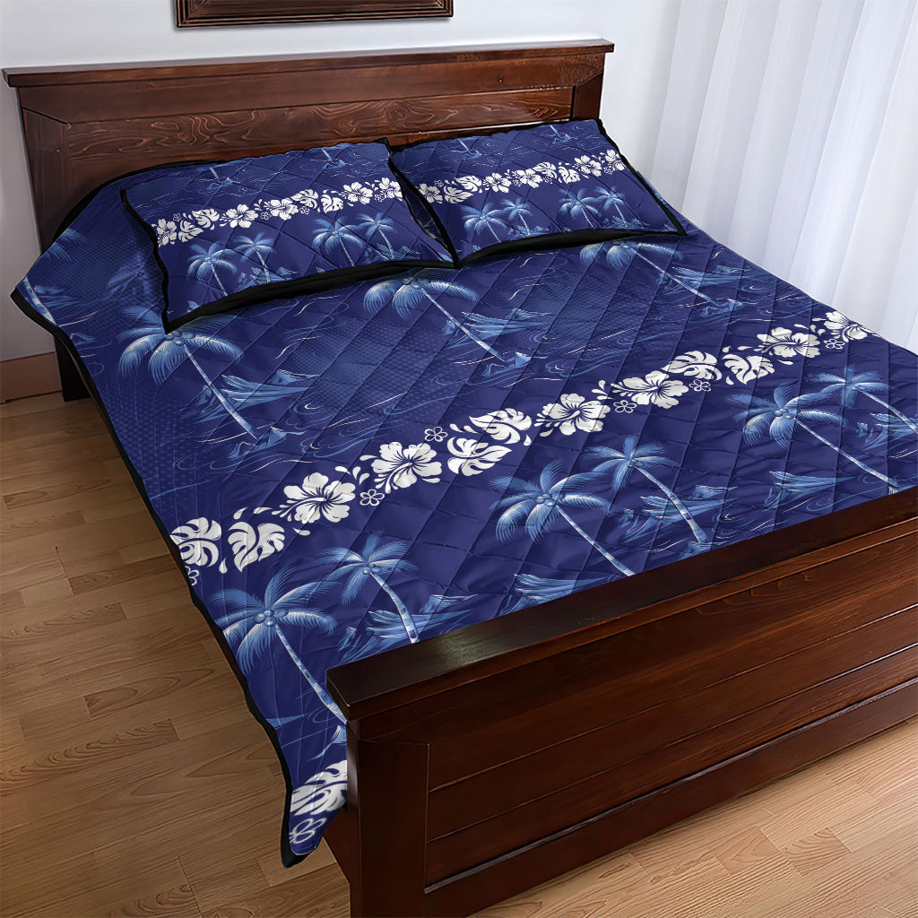 Blue Hawaii Palm Tree Hibiscus Quilt Bed Set Fantasy Summer Vibe