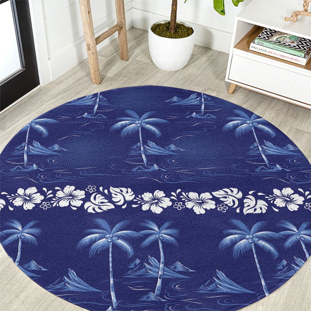 Blue Hawaii Palm Tree Hibiscus Round Carpet Fantasy Summer Vibe