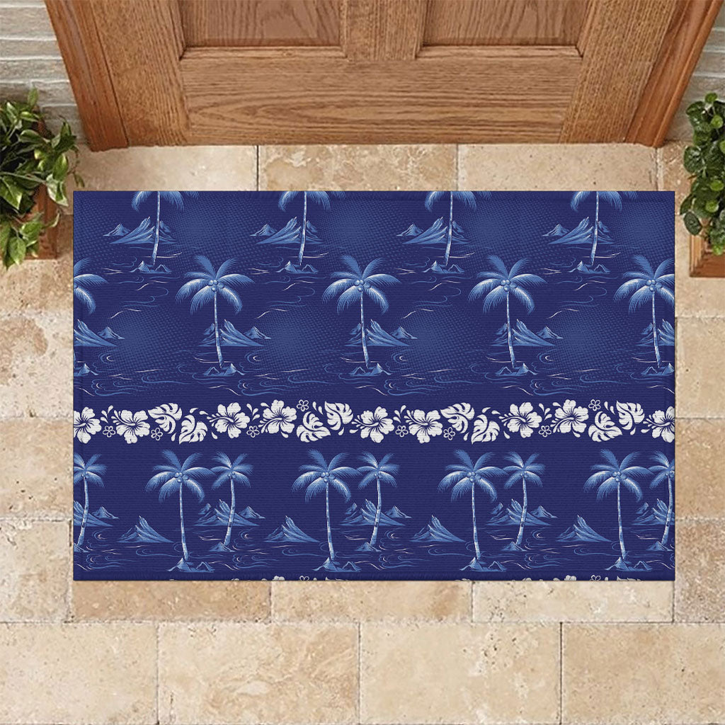 Blue Hawaii Palm Tree Hibiscus Rubber Doormat Fantasy Summer Vibe