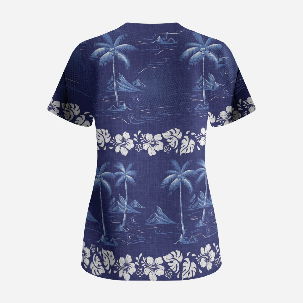 Blue Hawaii Palm Tree Hibiscus Scrub Top Fantasy Summer Vibe LT01 - Polynesian Pride