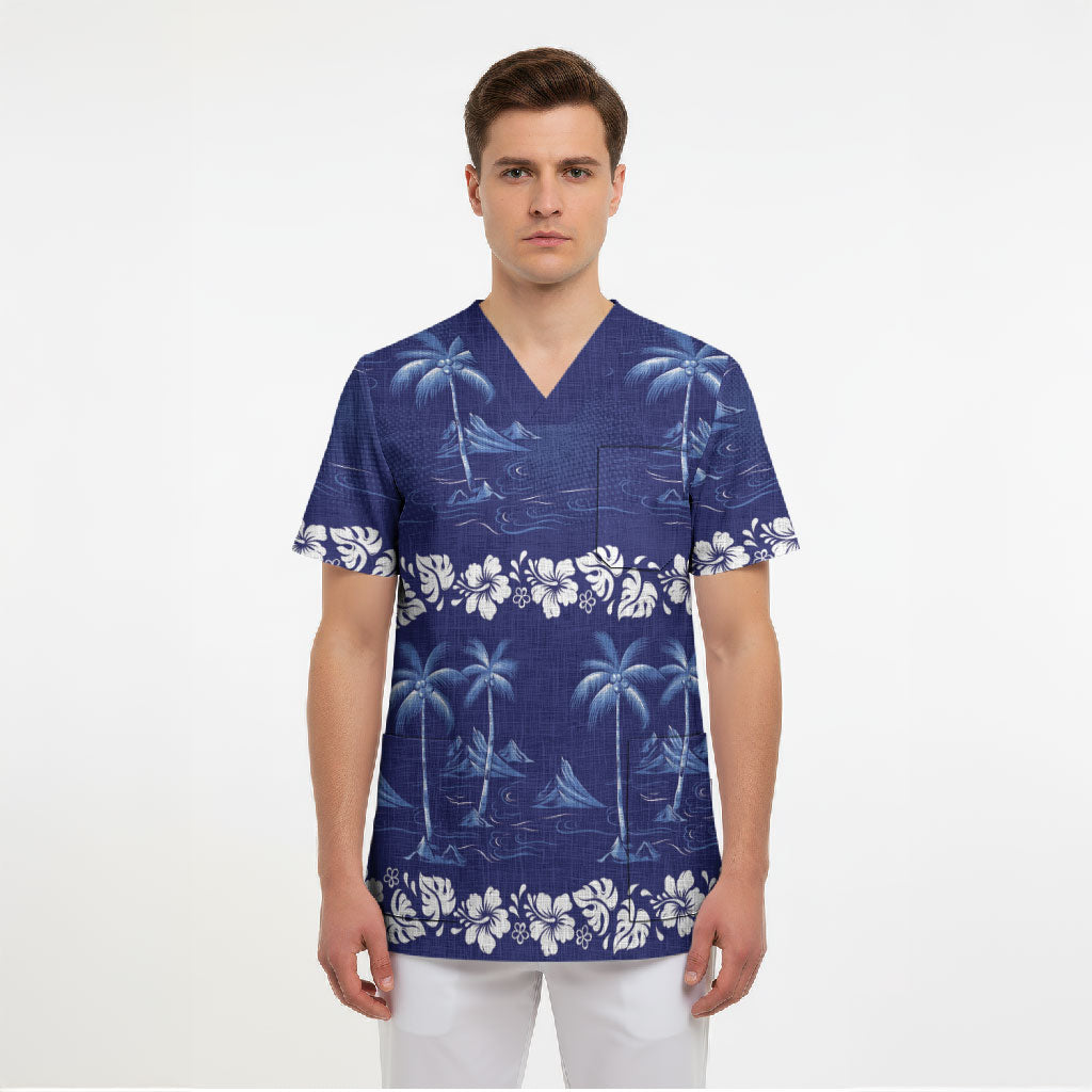 Blue Hawaii Palm Tree Hibiscus Scrub Top Fantasy Summer Vibe LT01 - Polynesian Pride