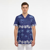 Blue Hawaii Palm Tree Hibiscus Scrub Top Fantasy Summer Vibe LT01 - Polynesian Pride
