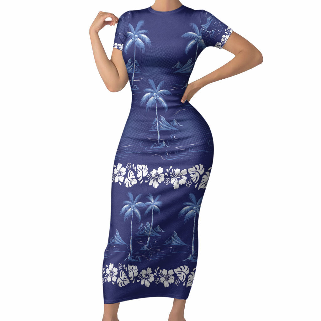 Blue Hawaii Palm Tree Hibiscus Short Sleeve Bodycon Dress Fantasy Summer Vibe LT01 Long Dress Blue - Polynesian Pride