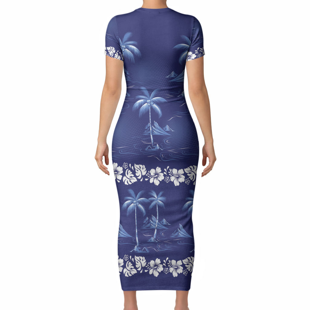 Blue Hawaii Palm Tree Hibiscus Short Sleeve Bodycon Dress Fantasy Summer Vibe LT01 - Polynesian Pride