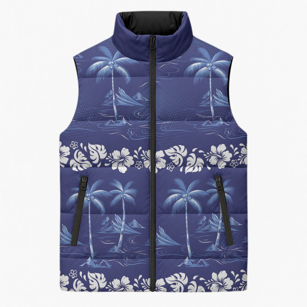 Blue Hawaii Palm Tree Hibiscus Sleeveless Puffer Jacket Fantasy Summer Vibe LT01 Unisex Blue - Polynesian Pride