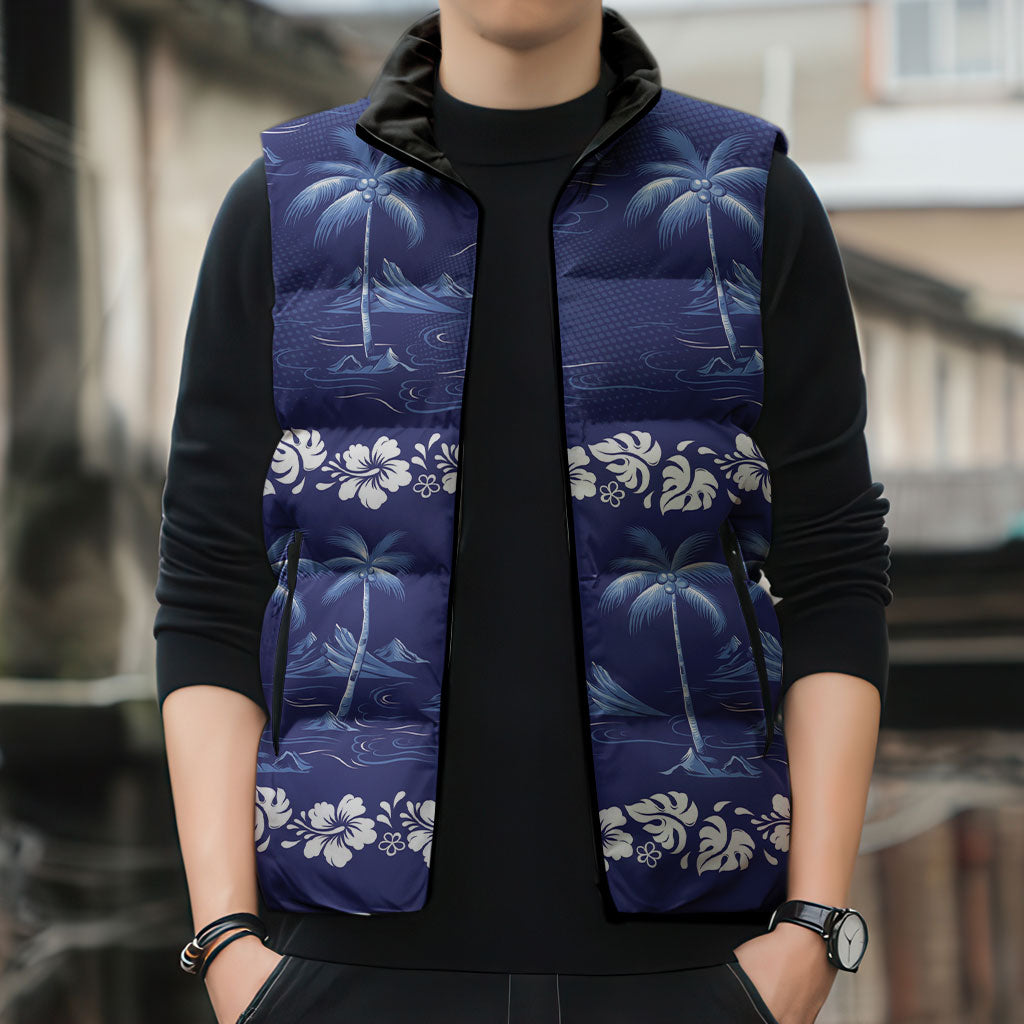 Blue Hawaii Palm Tree Hibiscus Sleeveless Puffer Jacket Fantasy Summer Vibe LT01 - Polynesian Pride