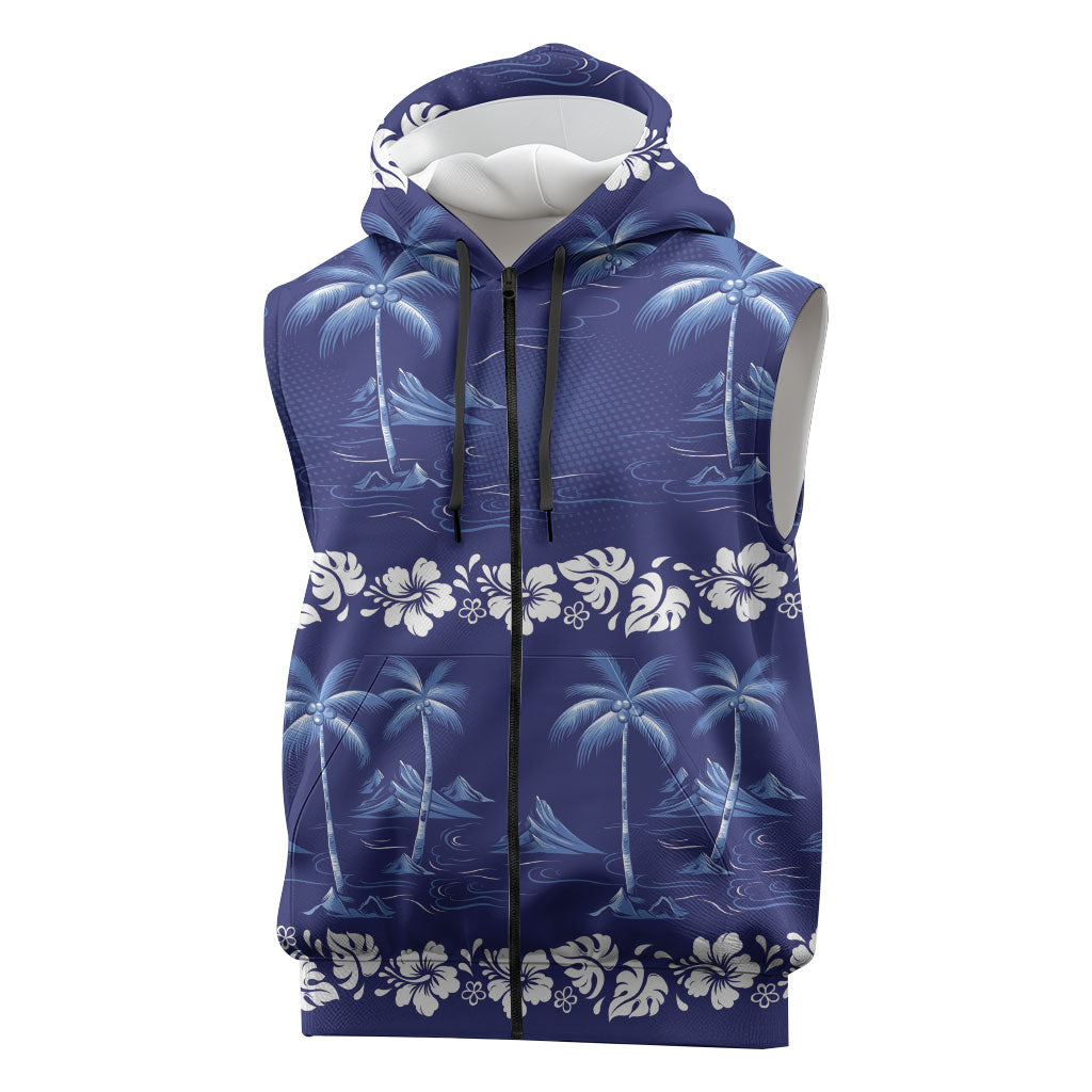 Blue Hawaii Palm Tree Hibiscus Sleeveless Zip Hoodie Fantasy Summer Vibe