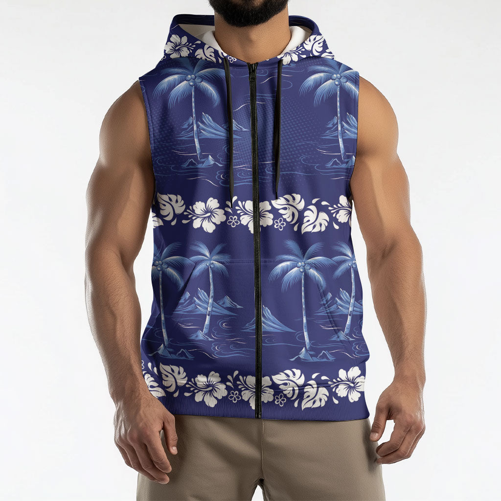 Blue Hawaii Palm Tree Hibiscus Sleeveless Zip Hoodie Fantasy Summer Vibe