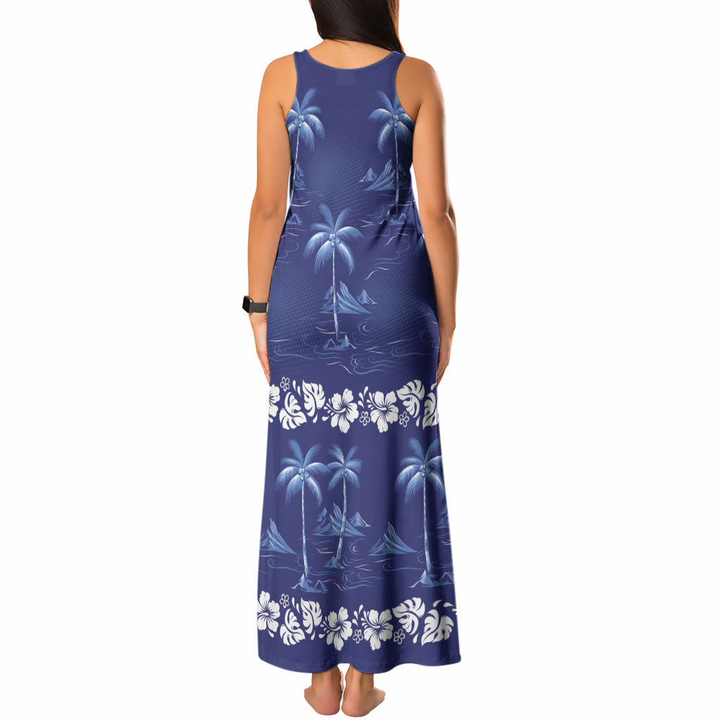 Blue Hawaii Palm Tree Hibiscus Tank Maxi Dress Fantasy Summer Vibe
