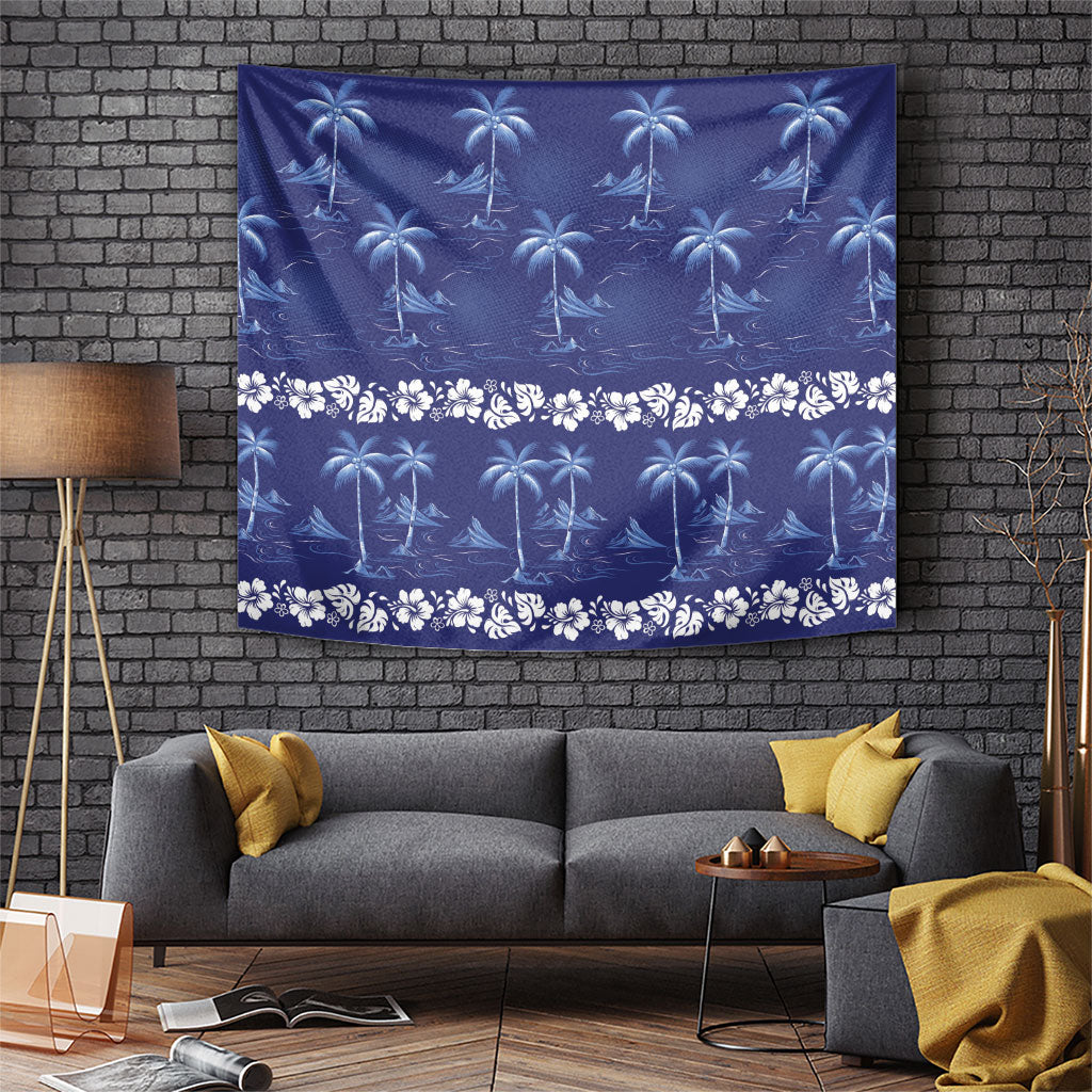 Blue Hawaii Palm Tree Hibiscus Tapestry Fantasy Summer Vibe