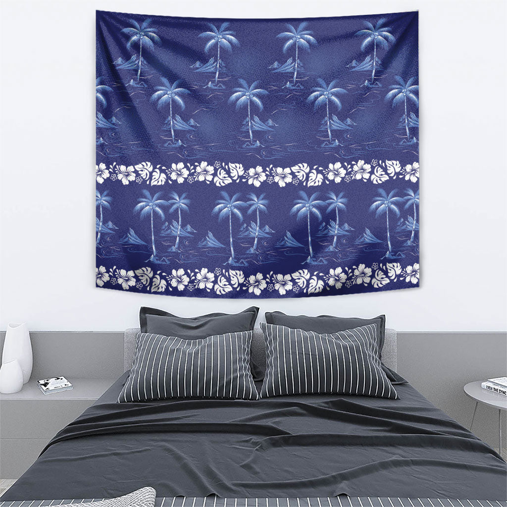 Blue Hawaii Palm Tree Hibiscus Tapestry Fantasy Summer Vibe